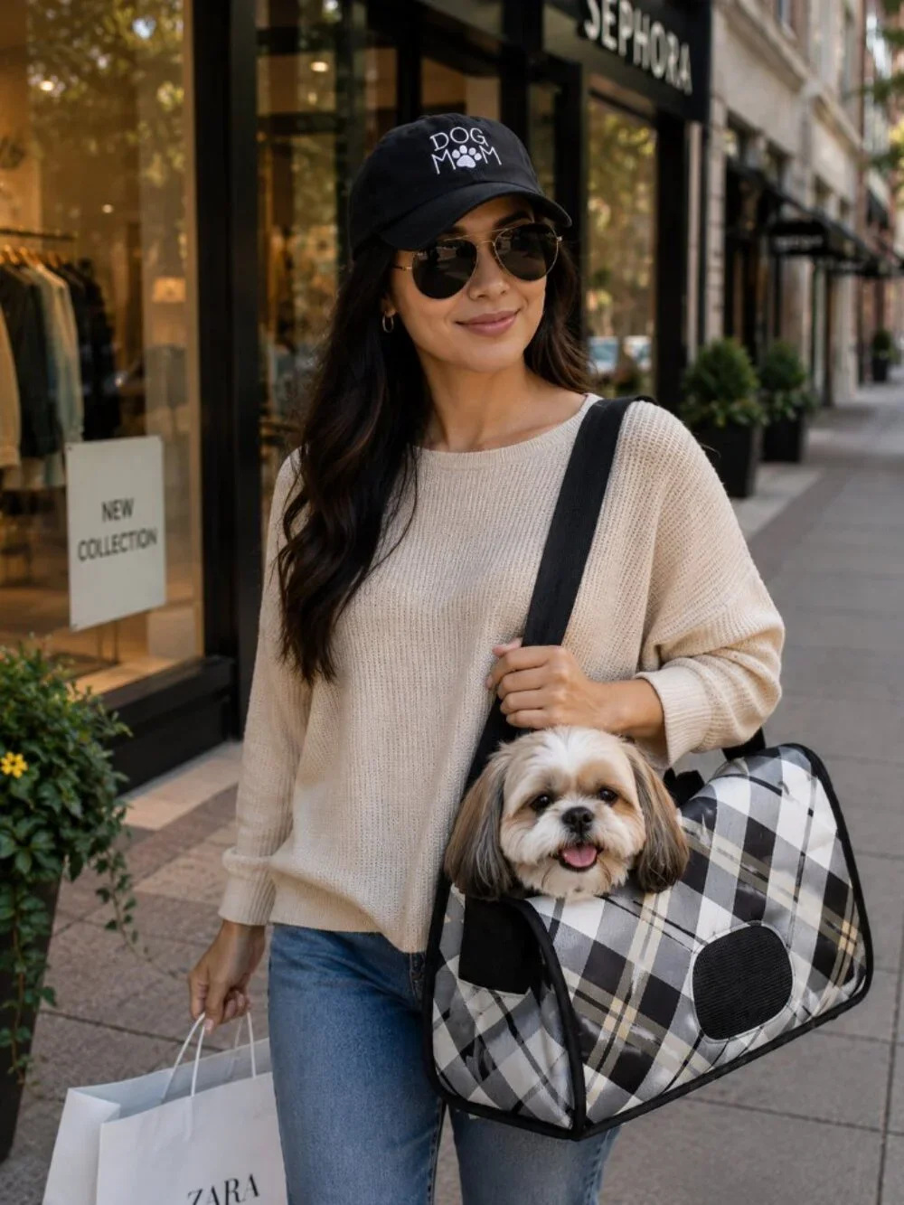 Dog Mom Cap & Stylish Plaid Pet Carrier Bundle